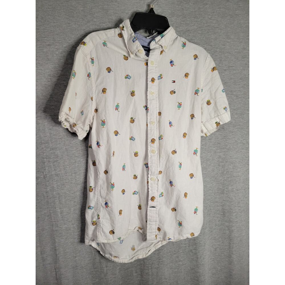 Men's Tommy Hilfiger Tropical Drinks Design Button Up Short Sleeve Shirt XS